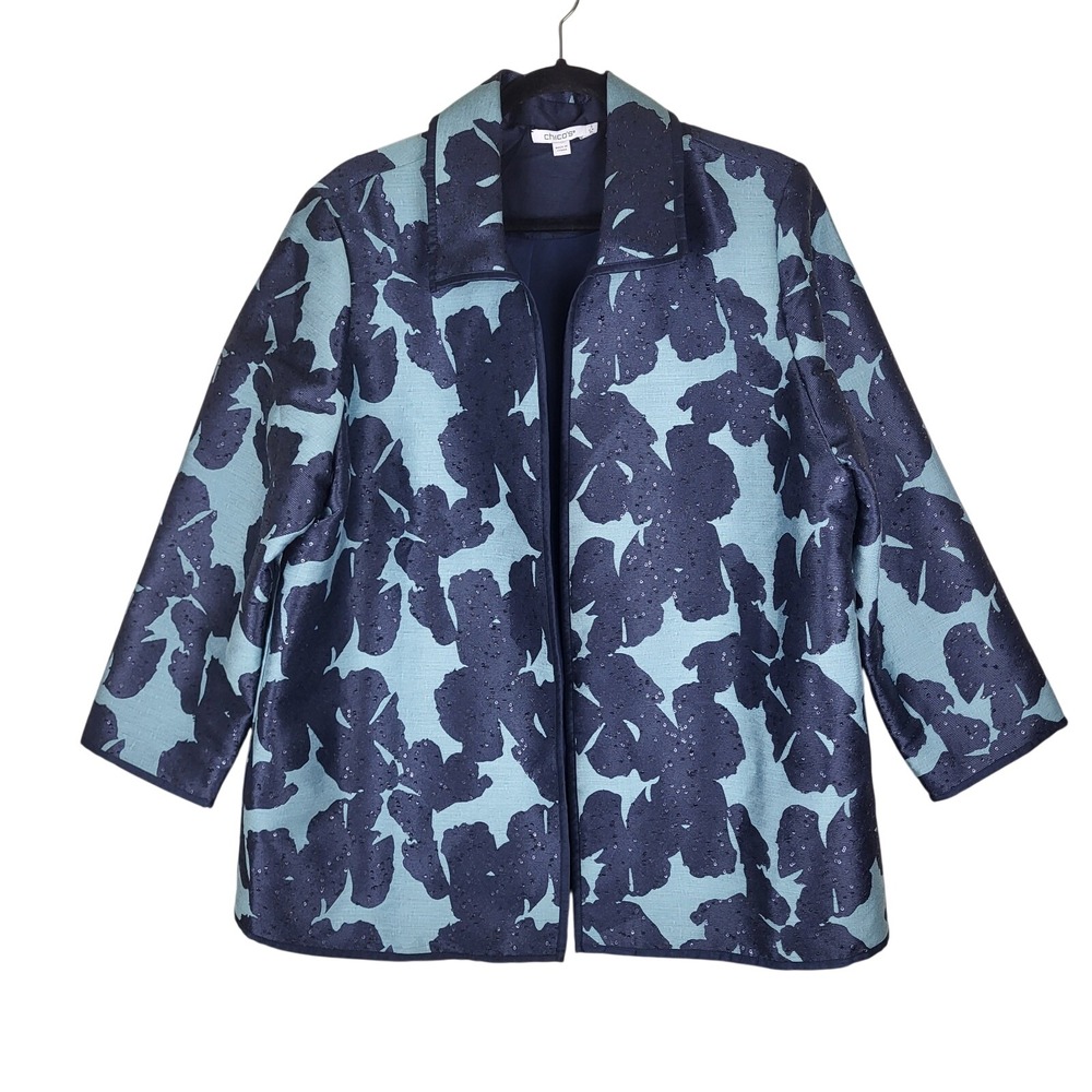 Chico's Jacquard Beaded Jacket Women's XL 3 Blue Floral 3/4 Sleeve Open Front
